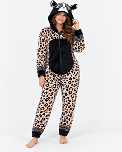 Combinaison Pyjama Femme Léopard Beige et Noir à Capuche