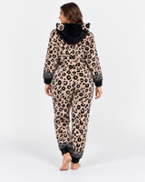 Combinaison Pyjama Femme Léopard Beige et Noir à Capuche