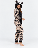 Combinaison Pyjama Femme Léopard Beige et Noir à Capuche