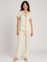 Ensemble Pyjama Femme Jaune Fleuri Boutonné & Pantalon Coordonné