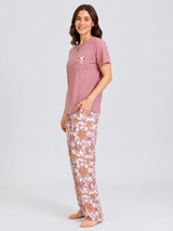 Ensemble Pyjama Femme Rose Poudré & Pantalon Fleuri