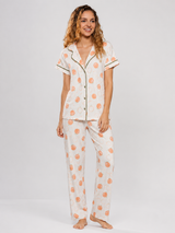 Ensemble Pyjama Femme Écru à Motifs Orange & Pantalon Coordonné