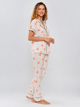 Ensemble Pyjama Femme Écru à Motifs Orange & Pantalon Coordonné