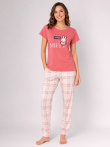Ensemble Pyjama Femme Rose à Motif Bunny & Pantalon à Carreaux