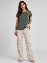 Ensemble Pyjama Femme Vert Forêt à Détails Tulle & Pantalon Fleuri