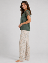 Ensemble Pyjama Femme Vert Forêt à Détails Tulle & Pantalon Fleuri