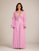 Ensemble Nuit de Mariée Long Rose Poudré en Tulle