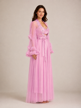 Ensemble Nuit de Mariée Long Rose Poudré en Tulle