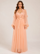 Ensemble Nuit de Mariée Long Pêche en Tulle