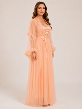 Ensemble Nuit de Mariée Long Pêche en Tulle