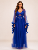Ensemble Nuit de Mariée Long Bleu Royal à Détails Scintillants