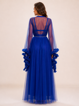 Ensemble Nuit de Mariée Long Bleu Royal à Détails Scintillants