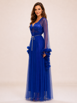 Ensemble Nuit de Mariée Long Bleu Royal à Détails Scintillants