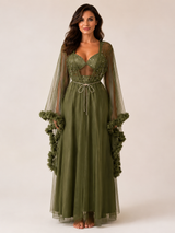 Ensemble Nuit de Mariée Long Kaki à Détails Scintillants