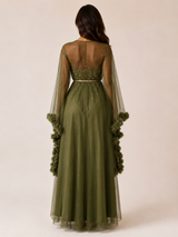 Ensemble Nuit de Mariée Long Kaki à Détails Scintillants