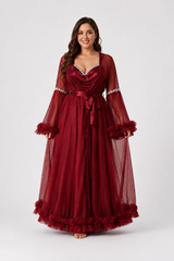 Ensemble Nuit de Mariée Long Bordeaux en Tulle