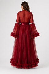 Ensemble Nuit de Mariée Long Bordeaux en Tulle