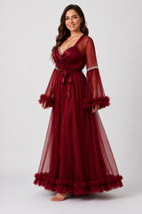 Ensemble Nuit de Mariée Long Bordeaux en Tulle
