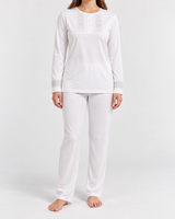 Ensemble Pyjama Femme 3 Pièces Brodé Écru, Rose & Bleu Ciel