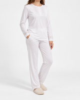 Ensemble Pyjama Femme 3 Pièces Brodé Écru, Rose & Bleu Ciel