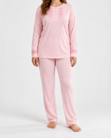 Ensemble Pyjama Femme 3 Pièces Brodé Écru, Rose & Bleu Ciel