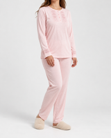 Ensemble Pyjama Femme 3 Pièces Brodé Écru, Rose & Bleu Ciel