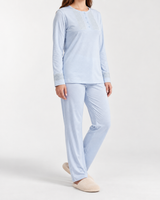 Ensemble Pyjama Femme 3 Pièces Brodé Écru, Rose & Bleu Ciel