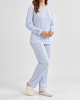 Ensemble Pyjama Femme 3 Pièces Brodé Écru, Rose & Bleu Ciel