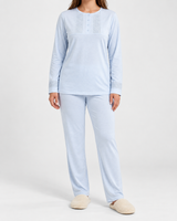 Ensemble Pyjama Femme 3 Pièces Brodé Écru, Rose & Bleu Ciel