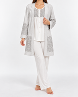 Ensemble Pyjama Femme 3 Pièces Kimono Écru, Blanc & Rose Poudré