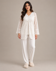 Ensemble Pyjama Femme 3 Pièces avec Veste en Dentelle blanc