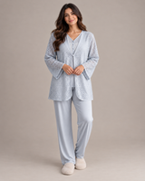 Ensemble Pyjama Femme 3 Pièces avec Veste en Dentelle bleu