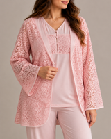 Ensemble Pyjama Femme 3 Pièces avec Veste en Dentelle rose