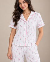 Ensemble Pyjama Femme Blanc à Fleurs Roses – Chemise & Pantalon