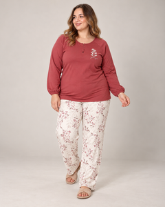 Ensemble Pyjama Femme Grande Taille Bordeaux & Pantalon Écru Imprimé