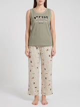 Ensemble Pyjama Femme Kaki Sans Manches & Pantalon Imprimé