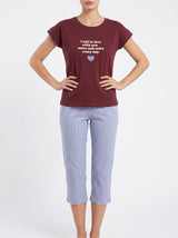 Ensemble Pyjama Femme Bordeaux & Pantacourt Rayé Bleu