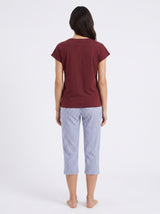 Ensemble Pyjama Femme Bordeaux & Pantacourt Rayé Bleu