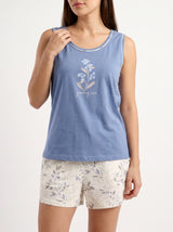 Ensemble Pyjama Femme Floral Bleu & Short Écru