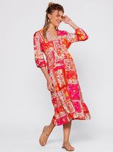 Robe Midi Femme Patchwork Fuchsia - Élégance Bohème