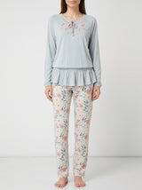 Ensemble Pyjama Femme Vert Pastel Volanté & Pantalon Fleuri
