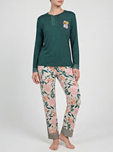 Ensemble Pyjama Femme Vert Forêt Boutonné & Pantalon Fleuri