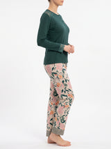 Ensemble Pyjama Femme Vert Forêt Boutonné & Pantalon Fleuri