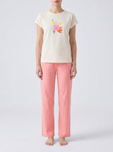 Ensemble Pyjama Femme Écru Fantaisie & Pantalon Rayé Rose