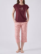 Ensemble Pyjama Femme Bordeaux & Pantacourt Fleuri Rose
