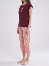 Ensemble Pyjama Femme Bordeaux & Pantacourt Fleuri Rose