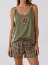 Ensemble Pyjama Femme Kaki Fleur & Short Imprimé