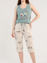 Ensemble Pyjama Femme Vert Sauge & Pantacourt Cartoon Rayé