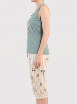 Ensemble Pyjama Femme Vert Sauge & Pantacourt Cartoon Rayé