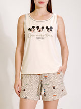Ensemble Pyjama Femme Écru à Motif Cartoon & Short Imprimé